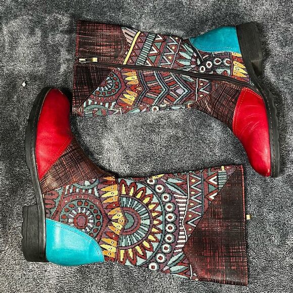 Socofy Bohemian Splicing Pattern Zipper Flat Leather Knee Boots Size 7US/ 38 EU - Picture 2 of 7